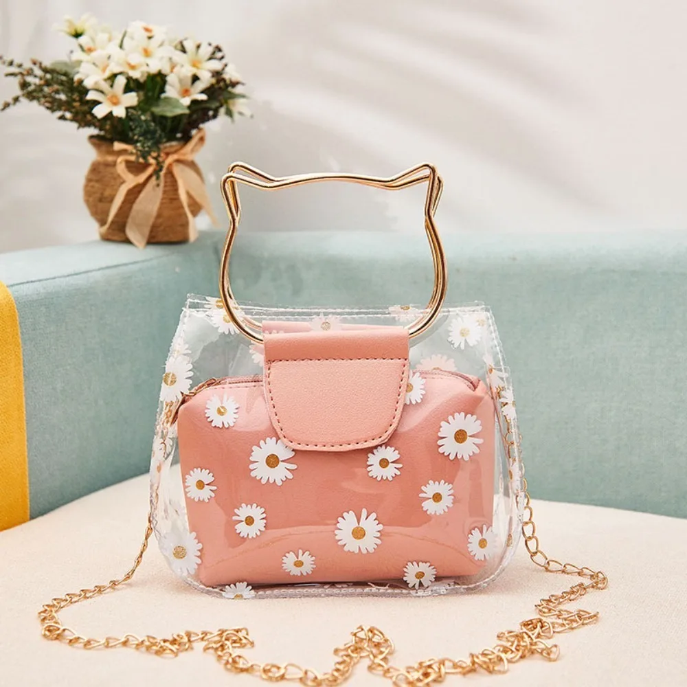 Bolsa de Ombro PVC Transparente para Meninas, Prático Gato Forma Handle Bolsas, Metal Handle, Impressão Daisy, Mini Crossbody Bags