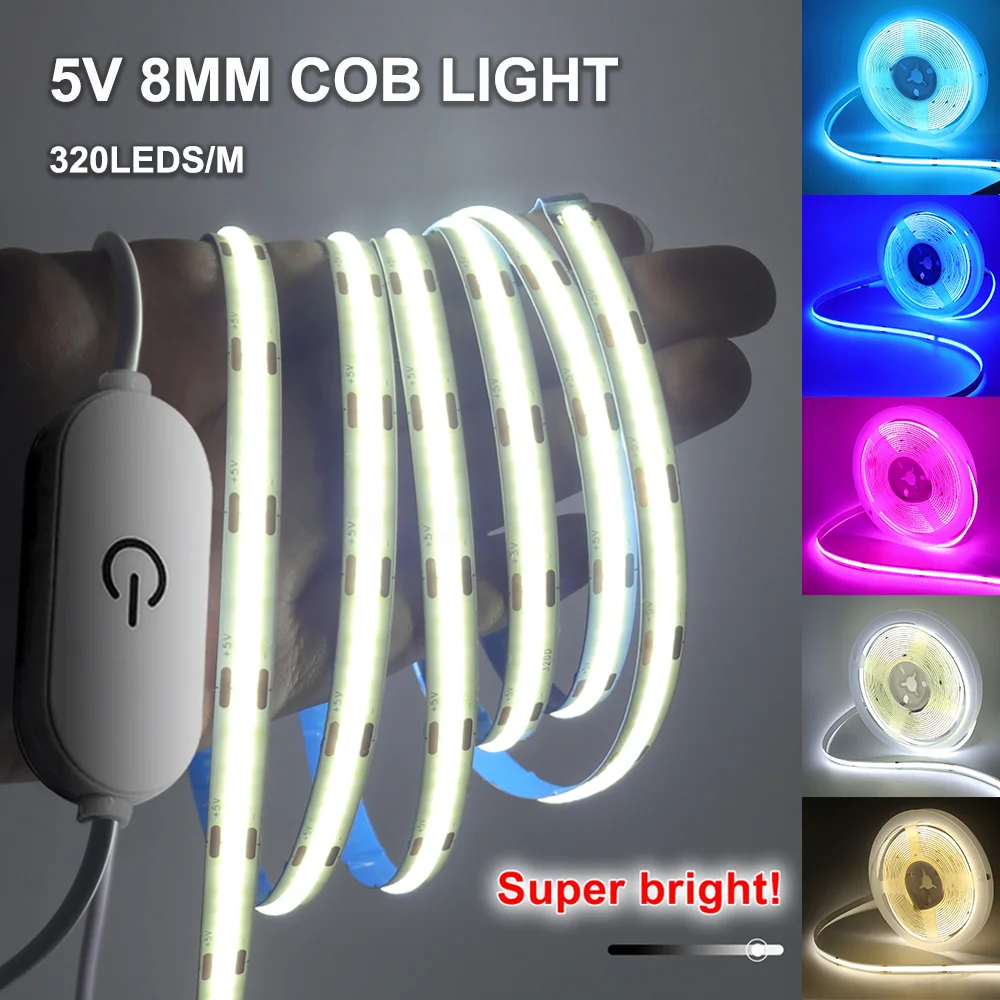 

COB LED Lights Strip Touch Dimmer Switch Flexible Ribbon Tape 5V USB 320Leds Linear Lighting Red Ice Blue Room DIY TV Backlight