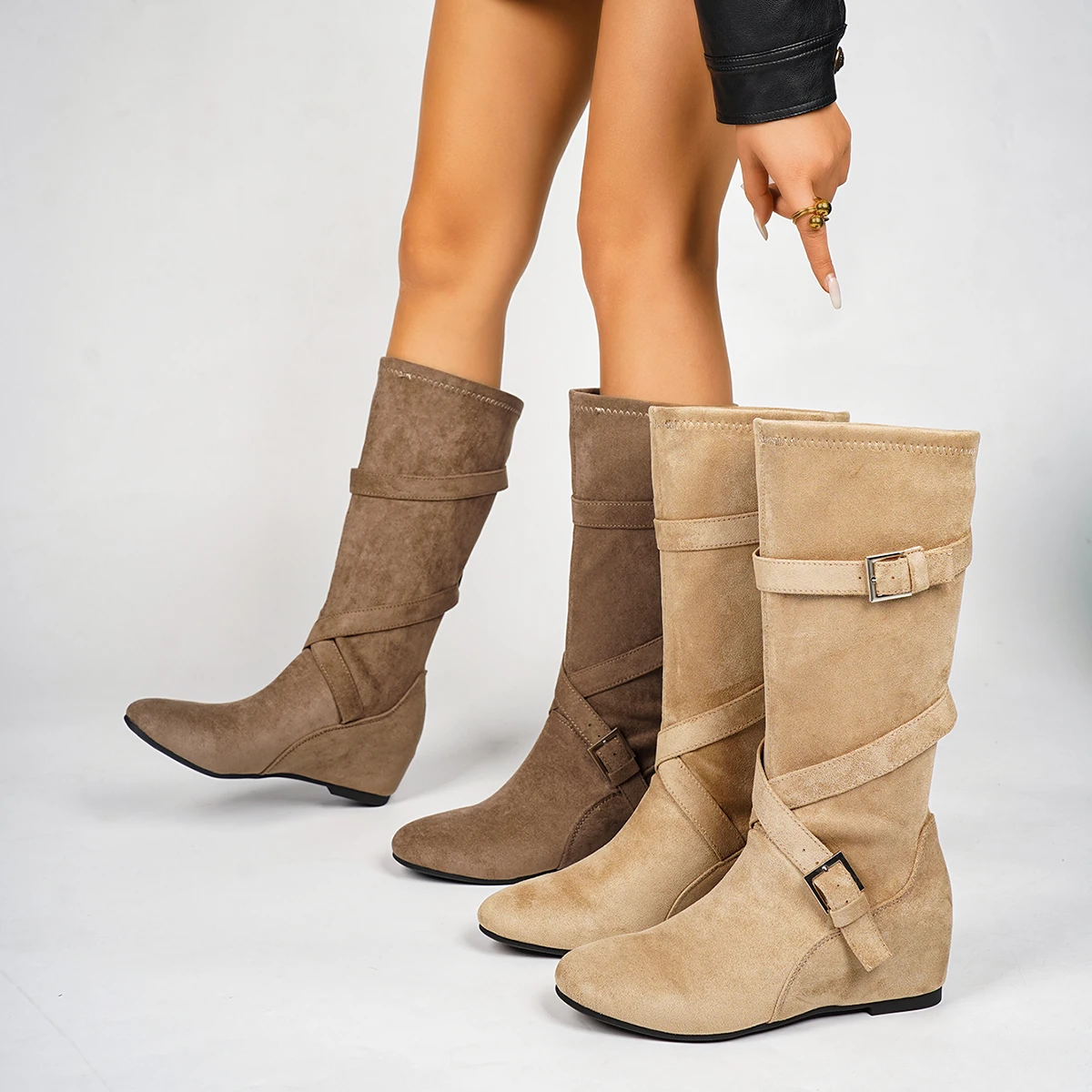 Height Increased Within 5cm, Maillard Retro Belt Buckle Knight Boots, Women's High Tube Pleated Pile Boots, Long Tube Boots
