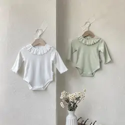 2024 Autumn New Baby Girl Long Sleeve Bodysuit Cotton Infant Girl Solid Ruffle Collar Jumpsuit Newborn Toddler Clothes 0-24M