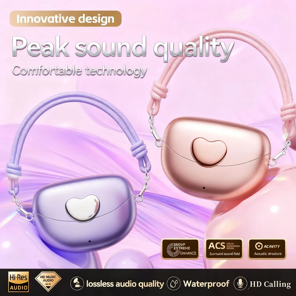 

Cute Heart Patten Handbag Wireless Bluetooth Ear-clip Music Earphones IPX7 Waterproof Deep Bass Long Battery Life Sport Earsets