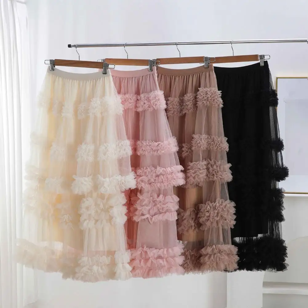 

Spring And Summer Yarn New Half Length Skirt For Women Splicing Mesh A-line Ruffle Mesh Skirt Tiered Long Flowy Fairy Skirt