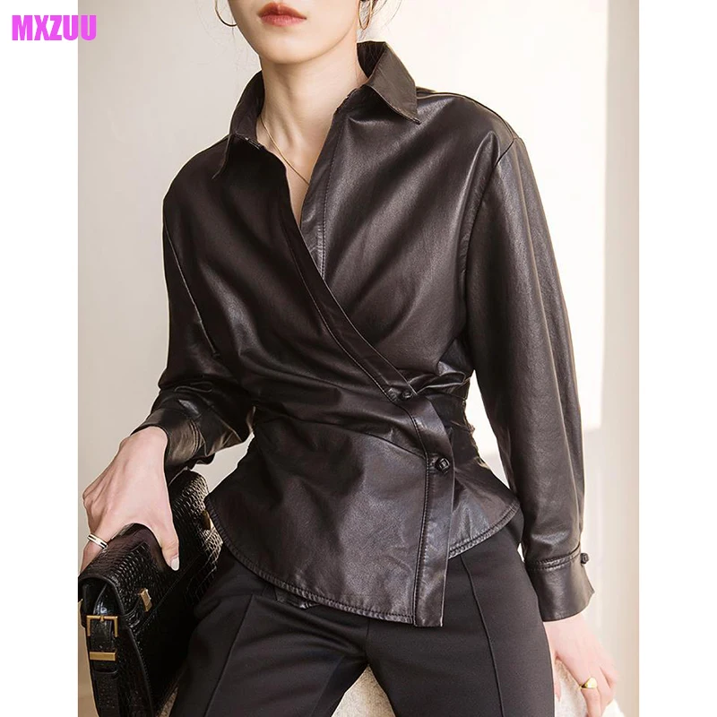 Women's Leather Jacket Spring Vegetable Tanned Sheepskin Black Shirts Lapel Buckle Irregular Waist Closing Thin Coats Deri Ceket