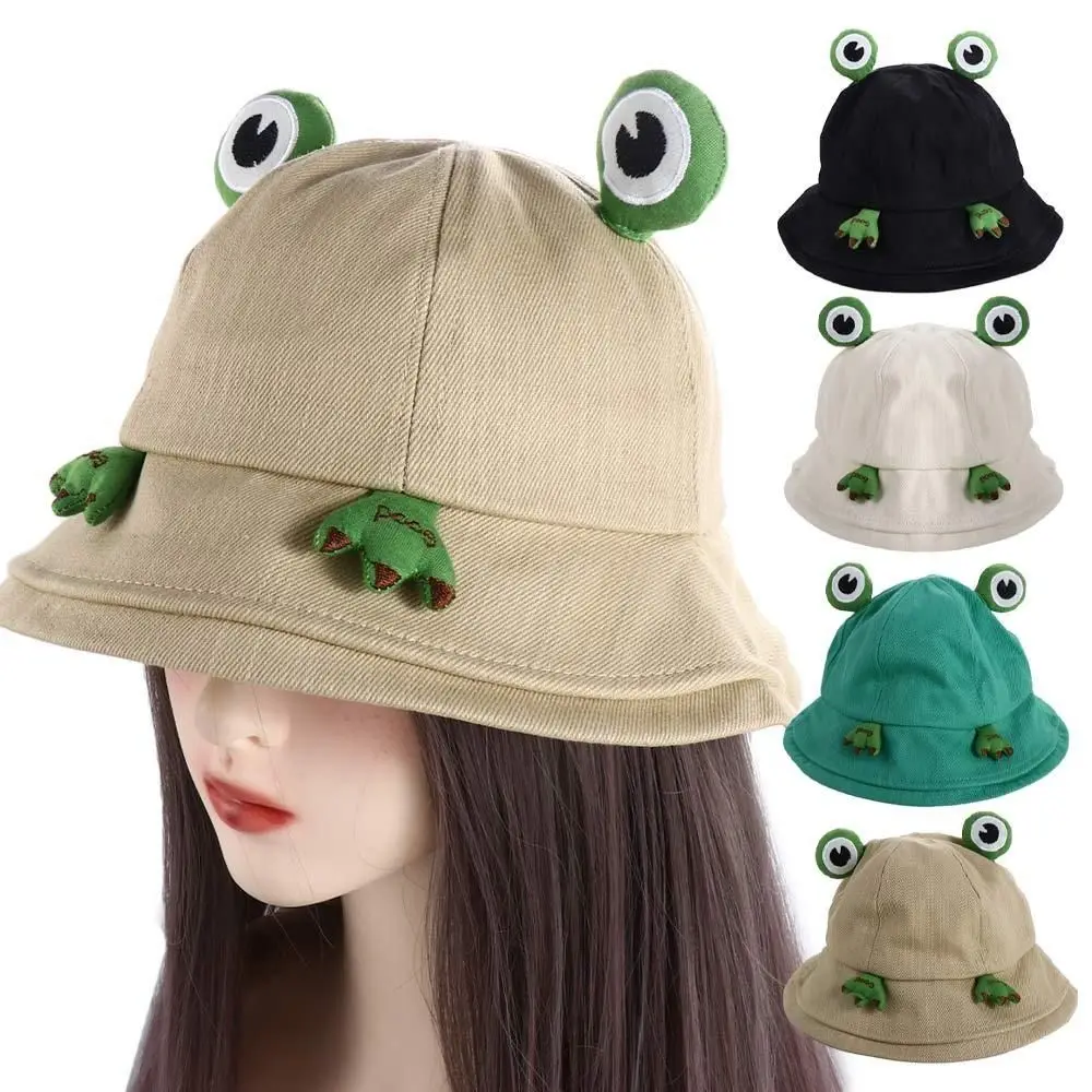 Cute Big Brim Frog Fisherman Hat Sun Protection Breathable Women Bucket Hat Cotton Fabric Funny Sun Cap Outdoor Activities