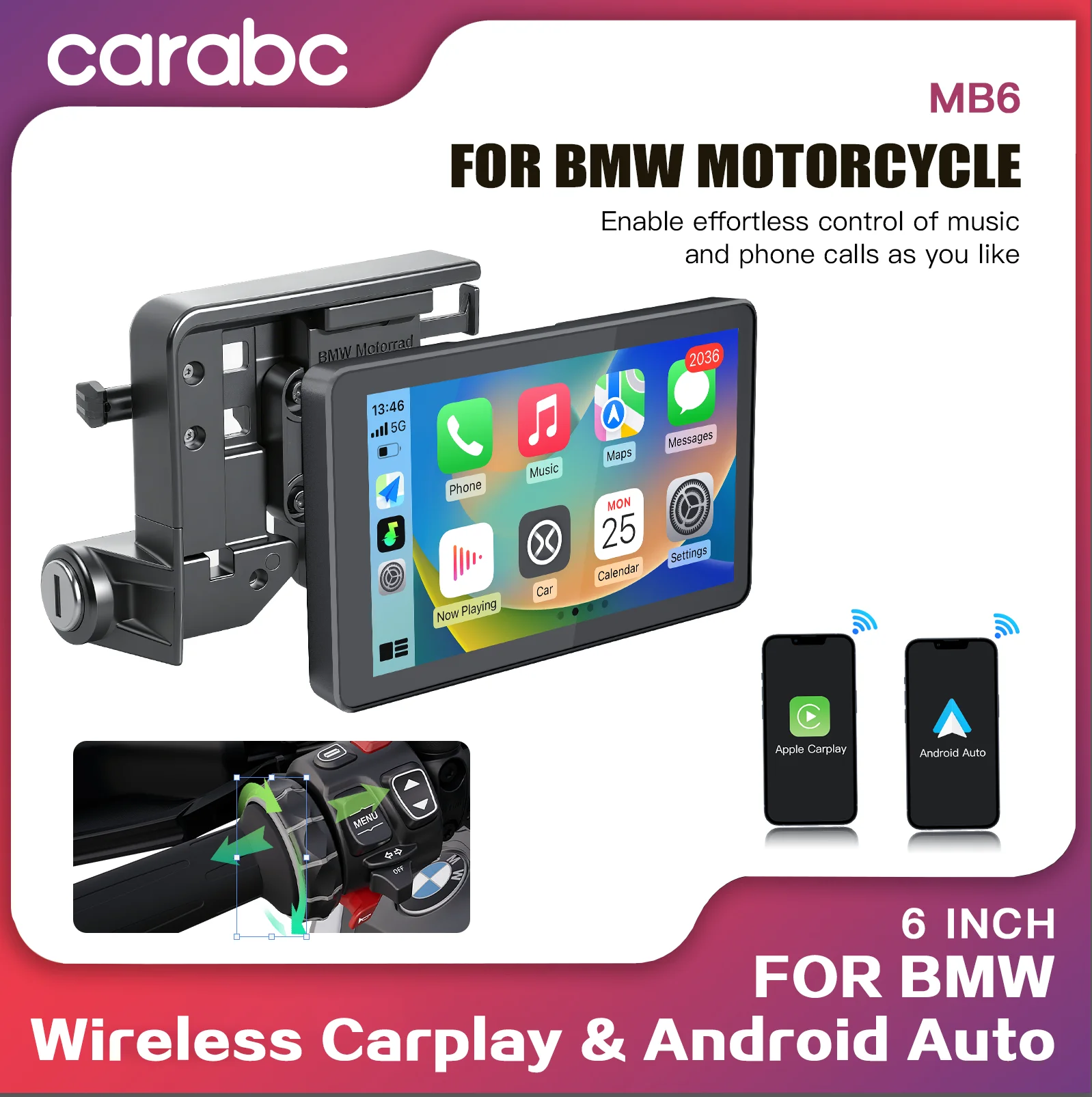 

CarPlay Android Auto MB6 for BMW GS XR M1000 R1200GS R1250GS F 750 S1000XR R1300GS etc 6 inch Motorcycle GPS Navigator Portable