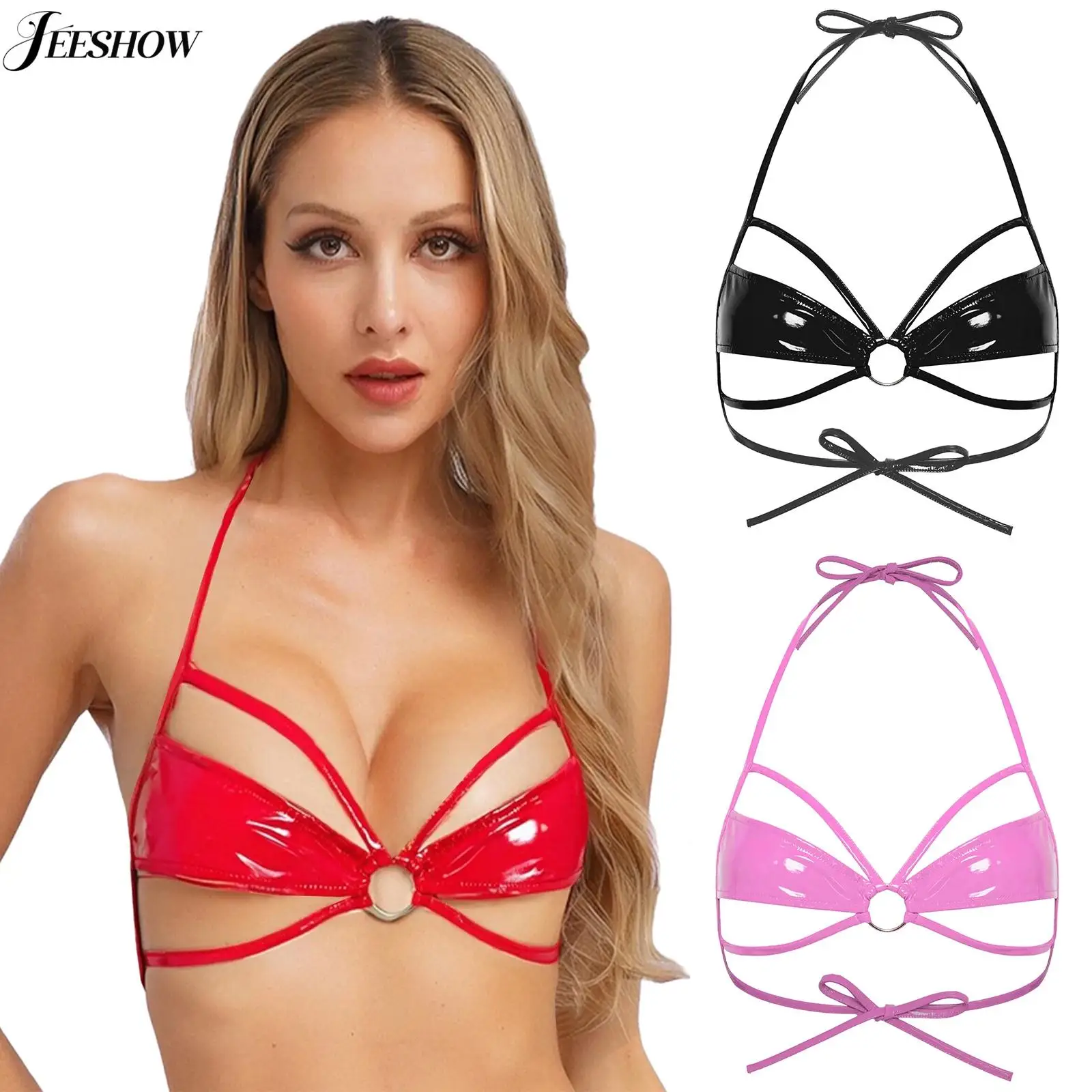 

Женский микро-бюстгальтер из искусственной кожи с мокрым эффектом, шнуровкой на шее, беспроводной бюстгальтер без косточек с уплотнительным кольцом, мини-бюстгальтеры с вырезами