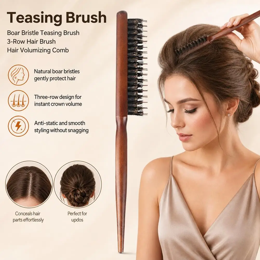 Boar Bristle Styling Brush - Teasing Comb Brush with Tail Pick for Backcombing, Smoothing, Edge Control and Volume Creation