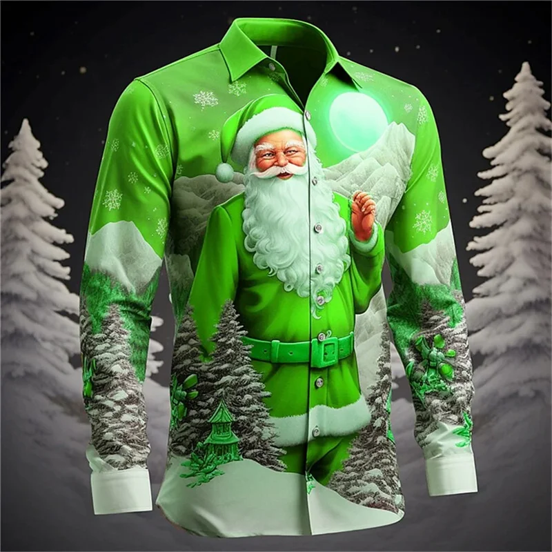 Fashion Christmas Style Long Sleeve Shirts Casual Lapel Men\'s Shirt Funny 3D Santa Claus Print Tees New Year Tops X\'mas Clothing