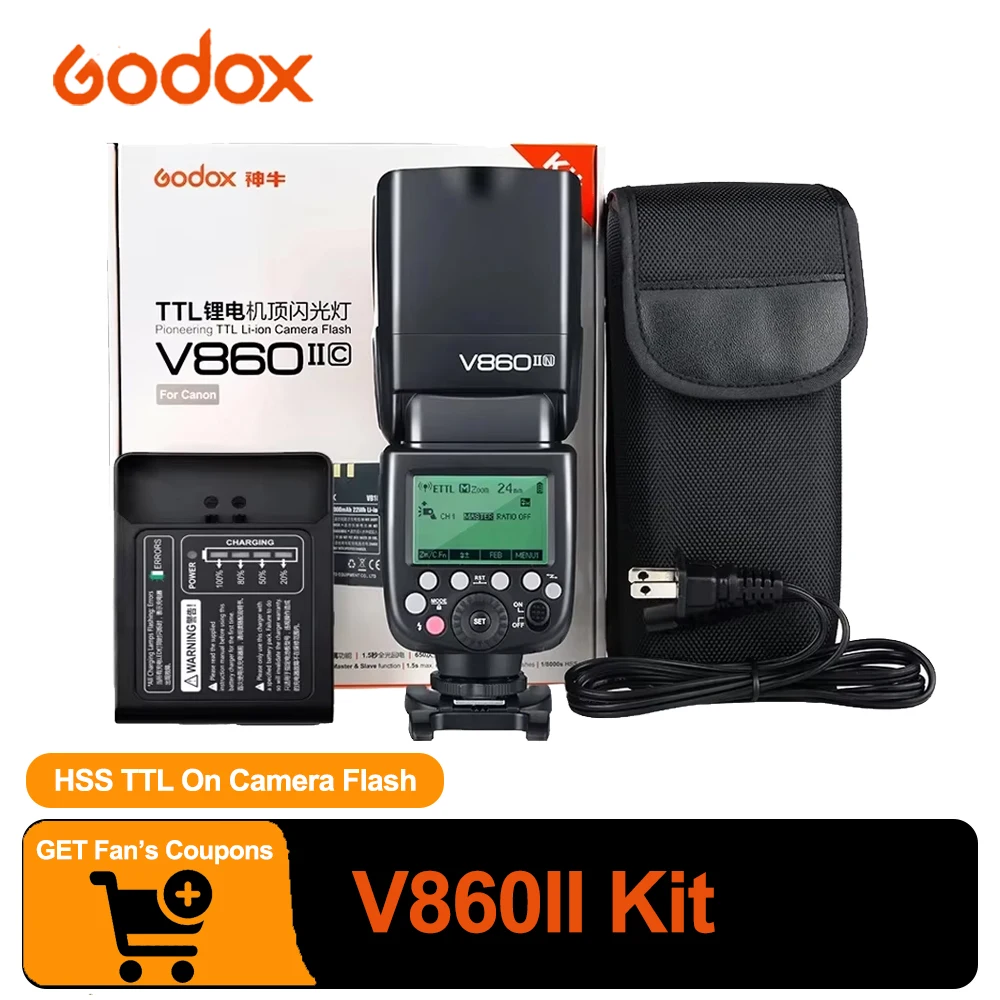 Kit de Flash Godox V860II HSS TTL con Tiempo de Reciclaje de 0.1-1.5s, Flash de Cámara Compatible con Canon, Sony, Fuji, Nikon y Olympus