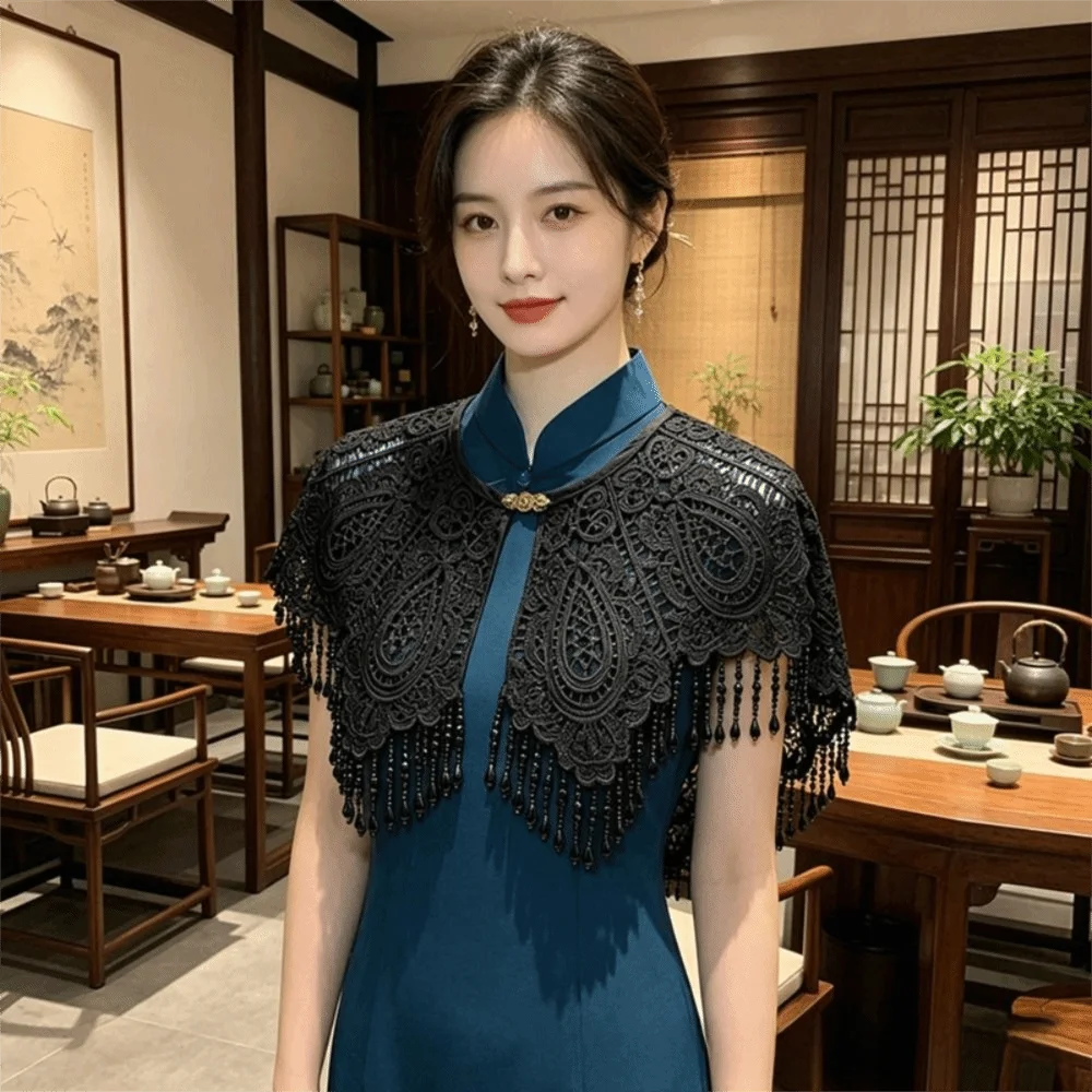 Elegant Polyester Cheongsam Shawl New Chinese Style Retro Tassel Stole Waterdrop Tassel Vintage Fringe Shrug Cheongsam Matching