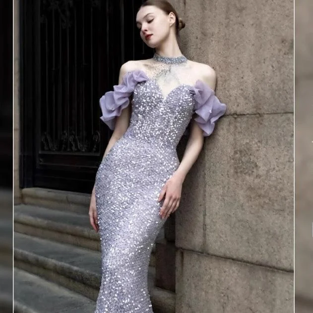 

Изысканное фиолетовое вечернее платье с хвостом-рыбкой для женщин, для свадеб, банкетов и торжественных мероприятий, создающее ощущение роскоши