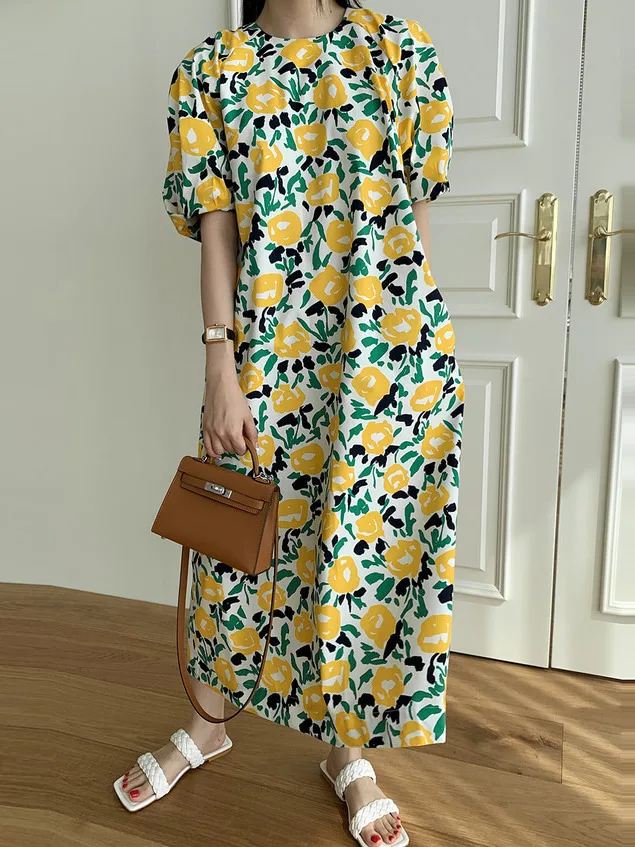 

Chic Summer Floral Print Loose Casual Mid-Length Bubble Sve Dr Women's round Ne ort Sve Commute Sle Dr