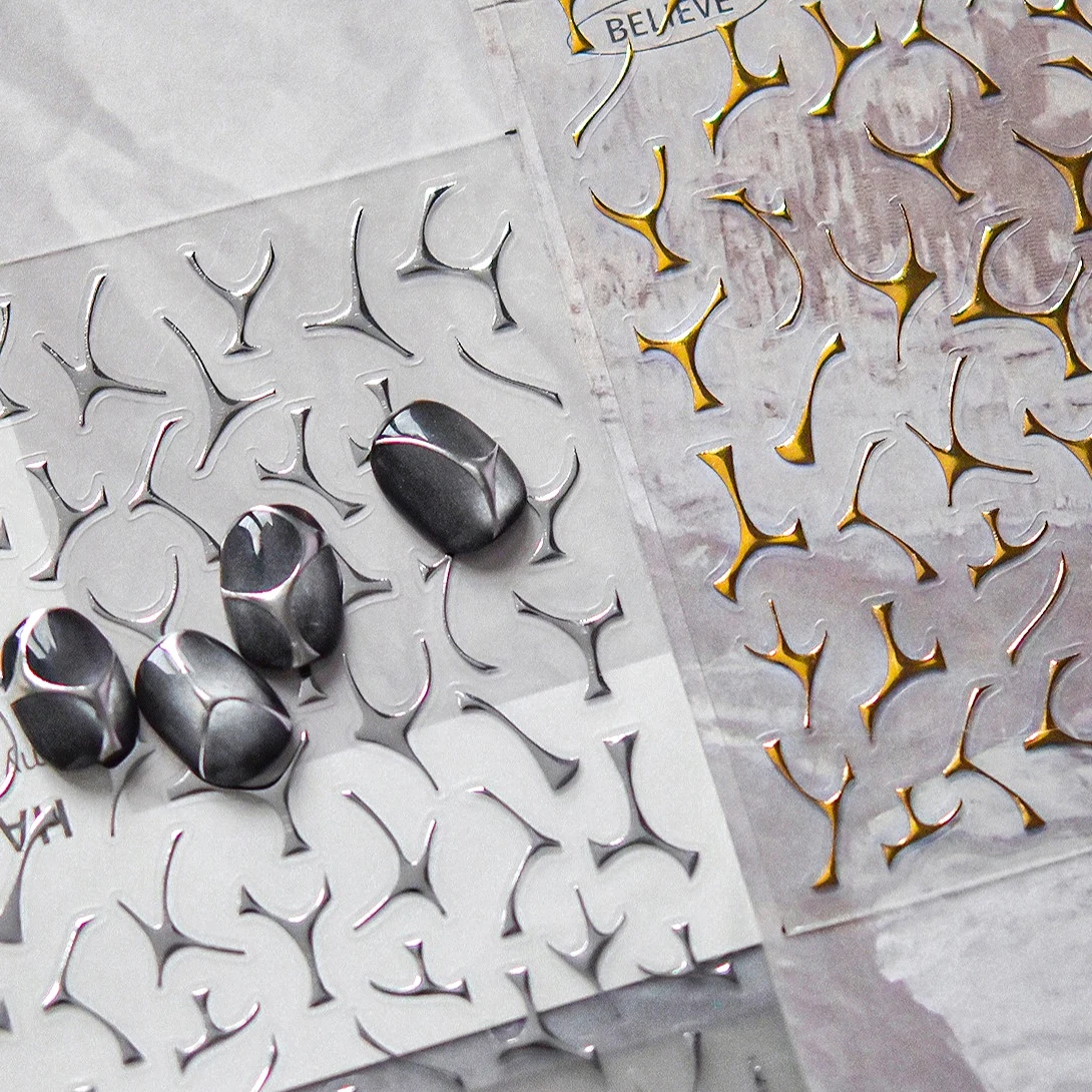 

Gold Silver Lines Geometric Metal Irregular Pattern Star Moon Love Heart Gemstone Pearl Rhinestone Nail Art Stickers Decals Tool