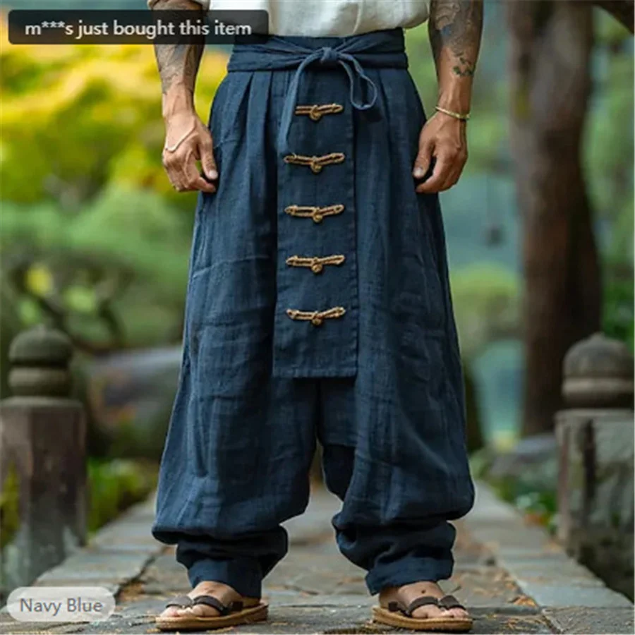 

Ethnic Style Casual Cotton Linen Wide Leg Pants Spring Summer New Men's Solid Color Lace-up Baggy Pants Vintage Streetwear Male
