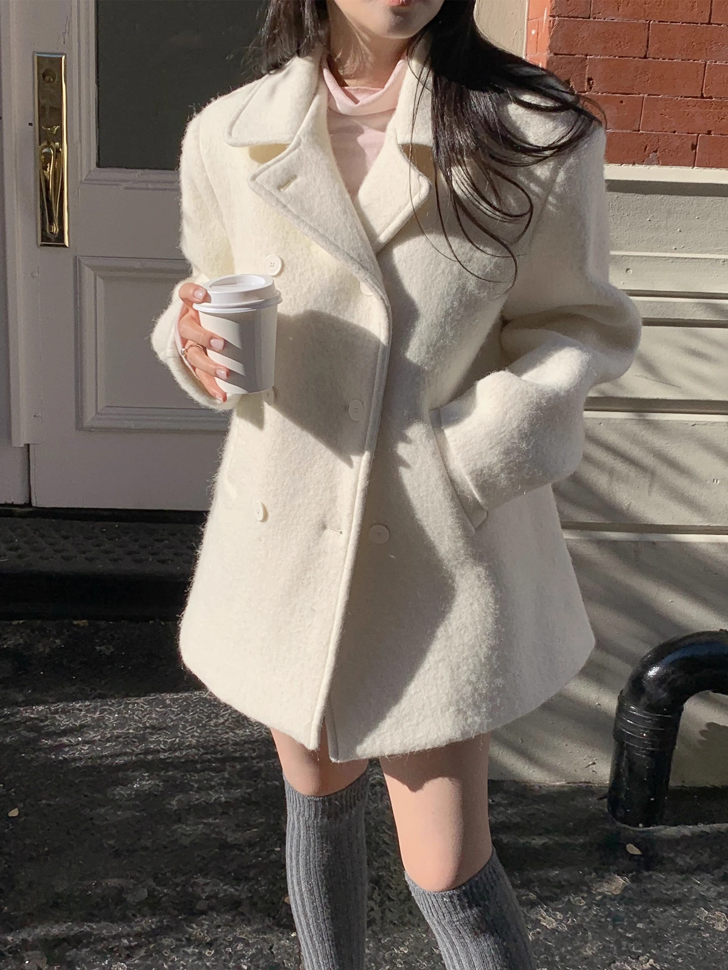 Clothland Elegancka damska wełniana kurtka dwurzędowa z długim rękawem, słodkie zimowe płaszcze damskie Mujer CB208