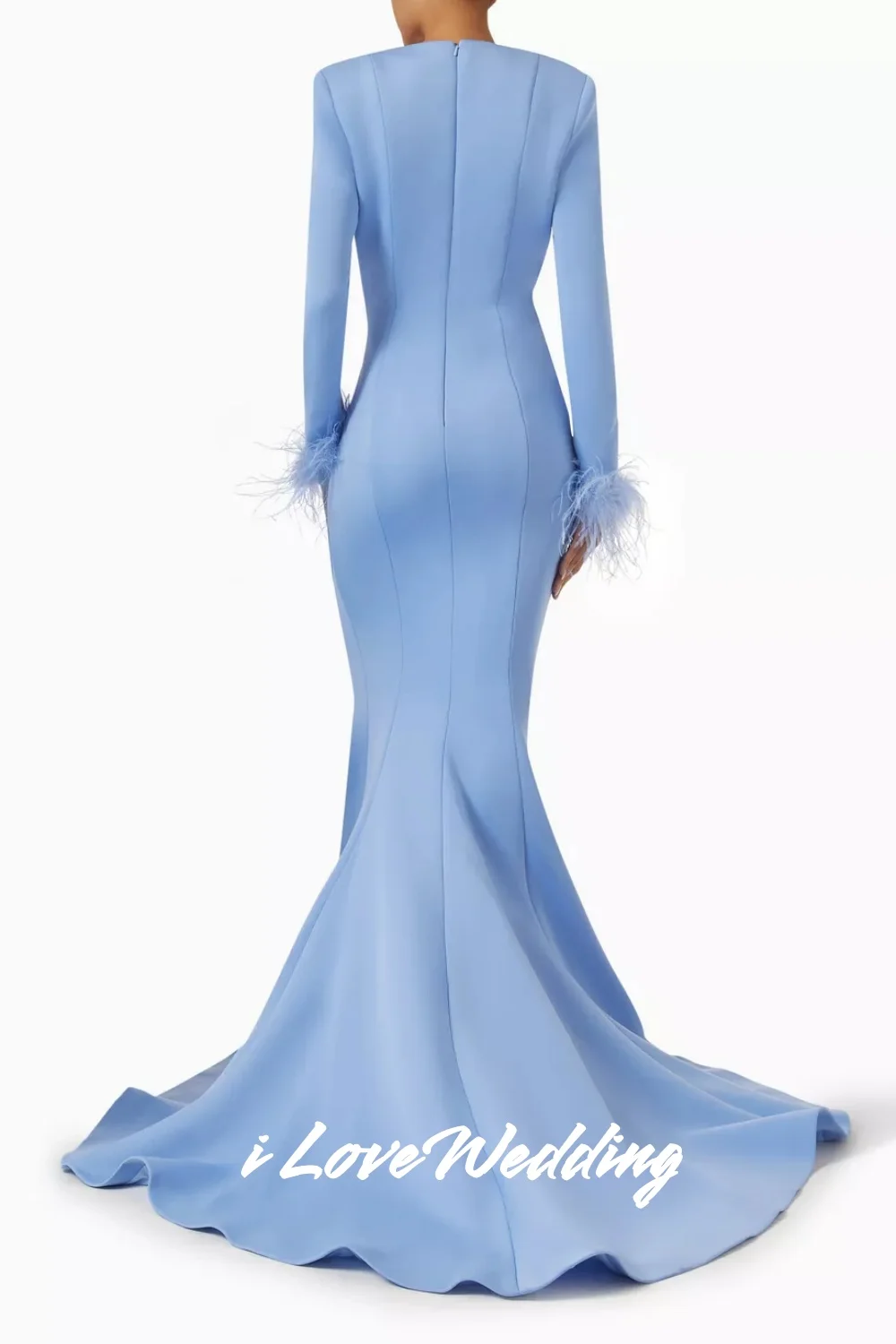 Abiti da sera blu con scollo a V 2025 Manica lunga Piuma Sirena Spacco laterale Abiti da festa di nozze pieghettati lunghi fino al pavimento Personalizzati