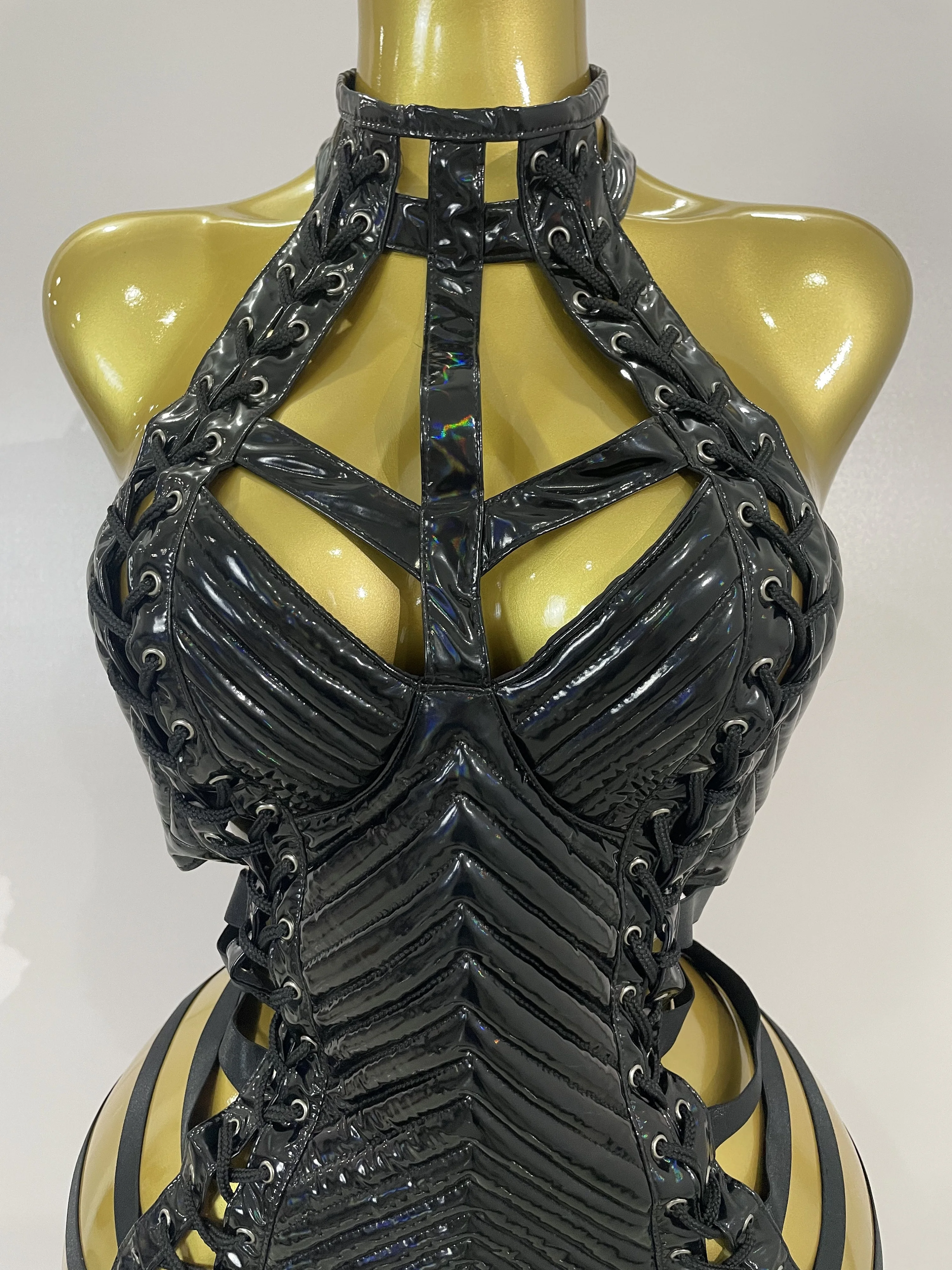 مثير جلد أسود الجوف خارج القوطية ضمادة الرسن فستان قصير المرأة جوجو الرقص المغني ملهى ليلي بار أداء المرحلة ارتداء #5