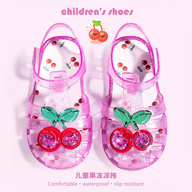 Fashionable Summer New Children's Jelly Sandals Trendy Sweet Beach Shoes Girls Cartoon Fruit Sandals Students Kids Crystal Shoes