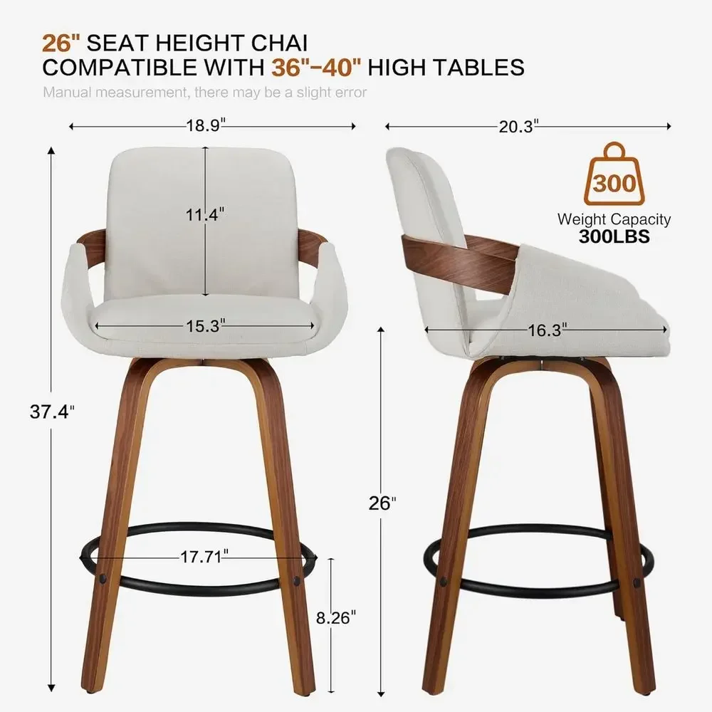 Beige Fabric Swivel Bar Stools with Back Support, Walnut Bentwood Style, Set of 2 Chairs for Home Bars and Dining Areas