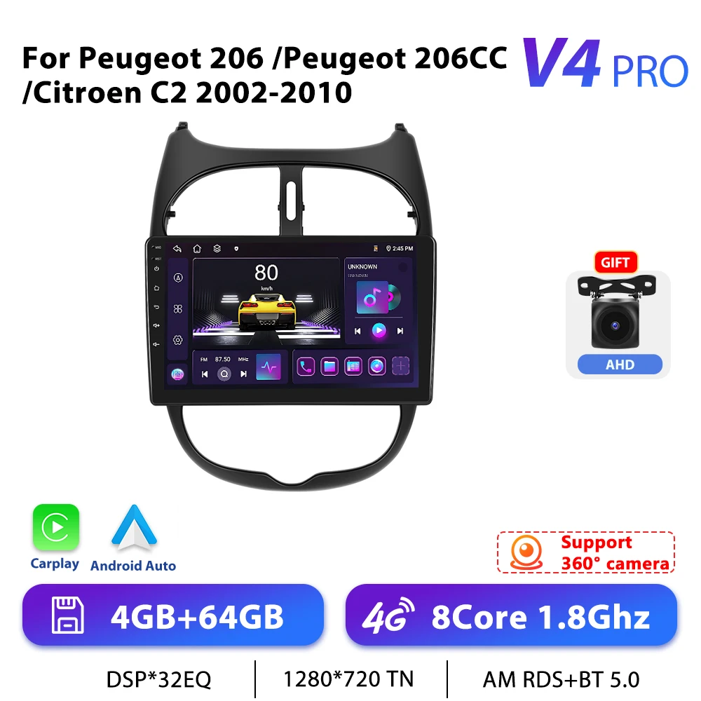 Podofo 9 "Autoradio Draadloze CarPlay Android Radio Voor Peugeot 206 206CC Citroen C2 2002-2010 Multimedia GPS Ontvanger Autoradio