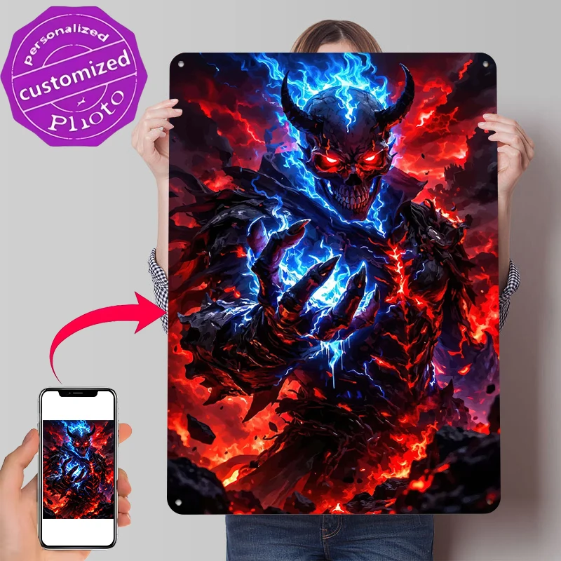 Demonic Skeleton With Blue and Red Energy Tin Poster Customized Wall Art Retro Vintage Metal Signs for Fans Room Desk Decor Home