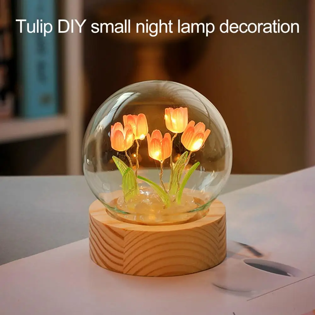 Night Light DIY Craft Party Supplies1 Set Tulip Night Light Soft Lighting Wooden Base Realistic Battery-operated Easy Installati