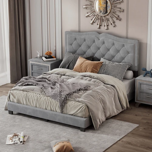 # Upholstered Bed Frame With Rivet Design, Modern Velvet Platform Bed With Tufted Headboard For Bedroom