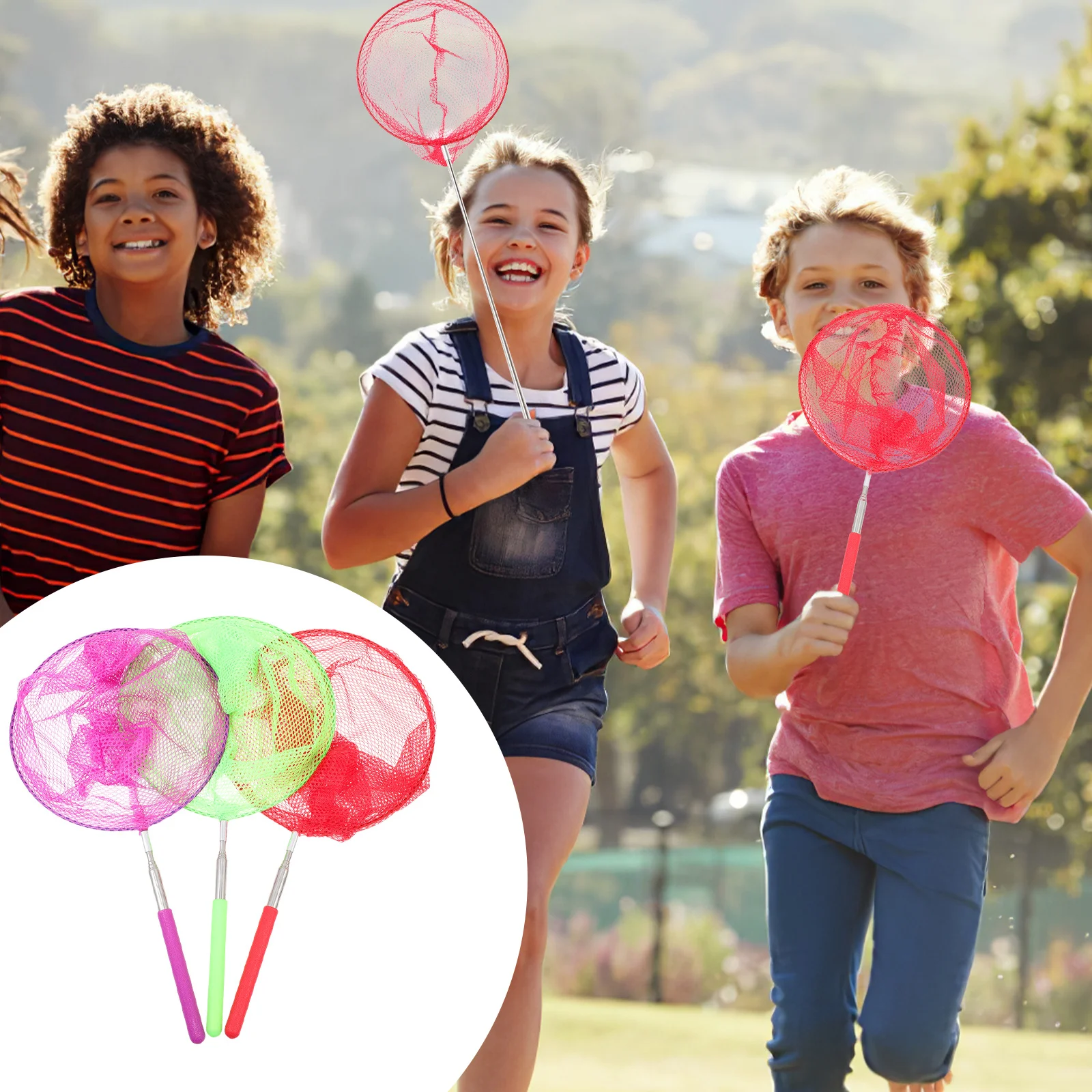Rede de captura colorida extensível, 3 peças, coletor de borboletas para crianças, exploração de insetos, atividades de verão ao ar livre, biologia