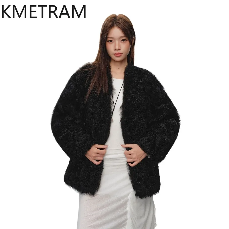 KMETRAM 100% Tuscan Sheep Fur Shearling Jacket Fourrure Femme Tops Natural Fur Coat Woman V-neck Winterjacke Damen Шуба Женская