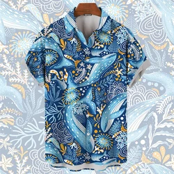2024 New Men's Hawaii Shirts Sea Animals Print Summer Oversized T-shirt Men Women Sharks Whales Turtl Graphic Short-Sleeved Tops