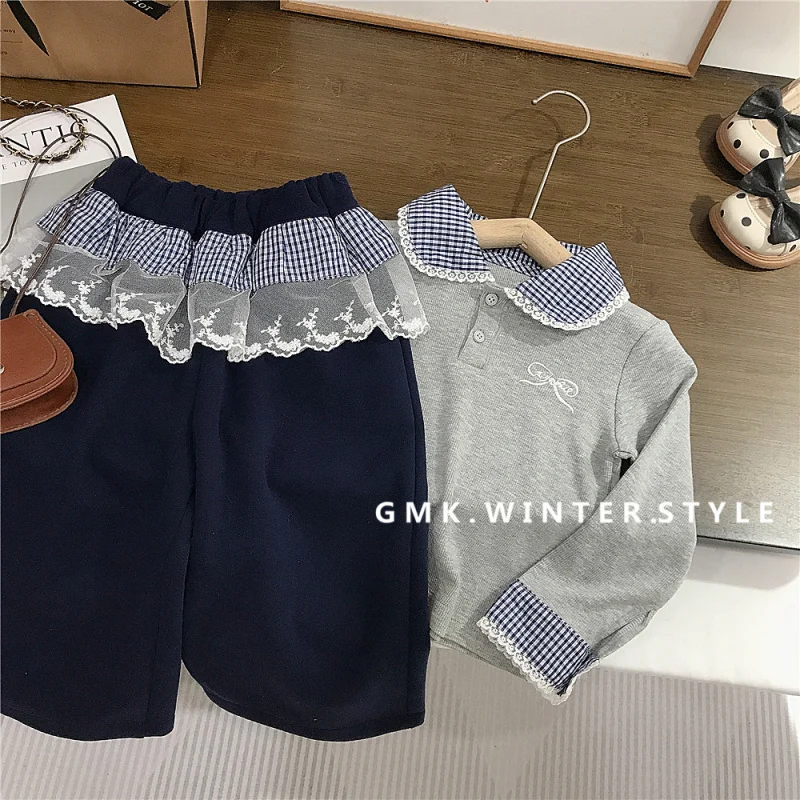 

Girls' Autumn New Gray Plaid Bowknot Set Baby Girl Stylish Turn-Down Collar Sweatshirt Wide-Leg Pants Cotton