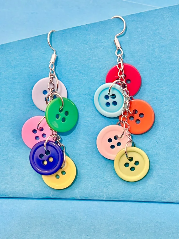 Button Cluster Dangle Earrings Handmade Fun Quirky Fashion Ear Jewelry For Women