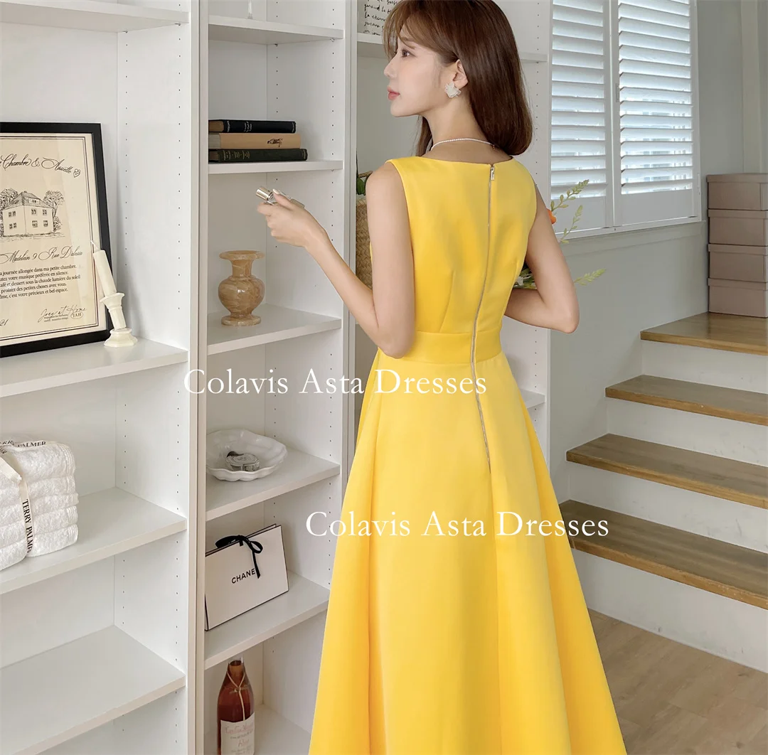 Colavis Asta Korea Boat Neck Evening Dresses 웨딩드레스  Satin Sleeveless Ankle Length Customized A-Line Prom Gowns Plus Size