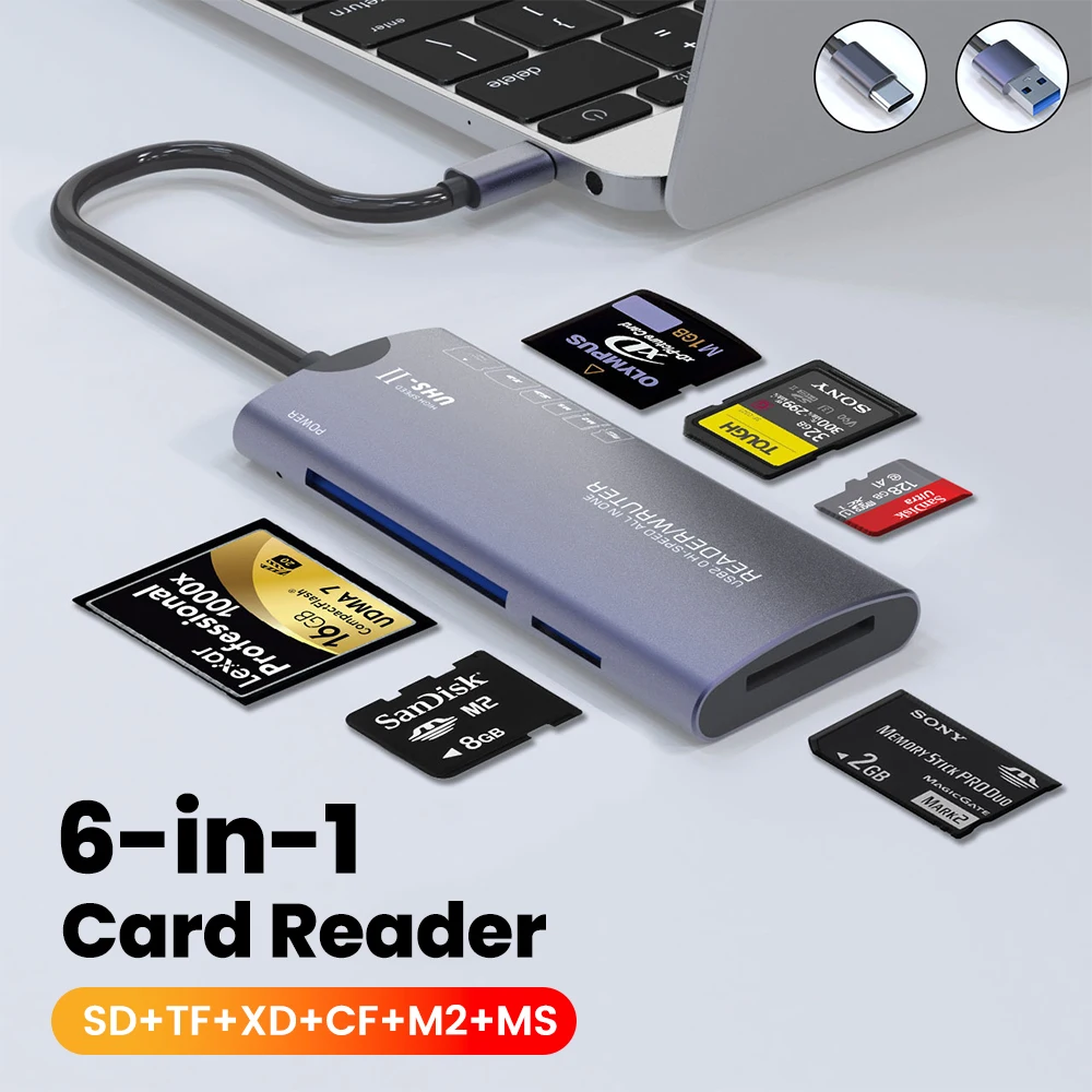 6 in 1 USB Memory Card Reader Multifunction Type C SD/TF/MS/XD/CF Reader Multi Memory Card Reader for PC Laptop Accessories