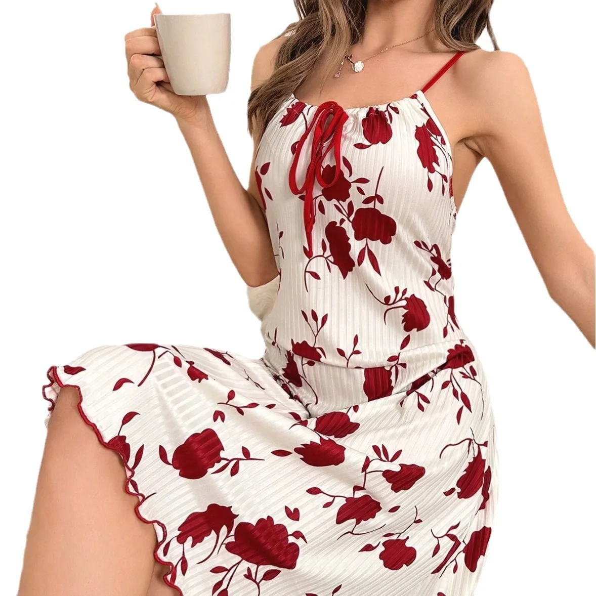 Mimiwang European and American Pajamas Women's Printed Suspenders Loungewear Casual Nightdresses Feminine Dresses Chest Straps