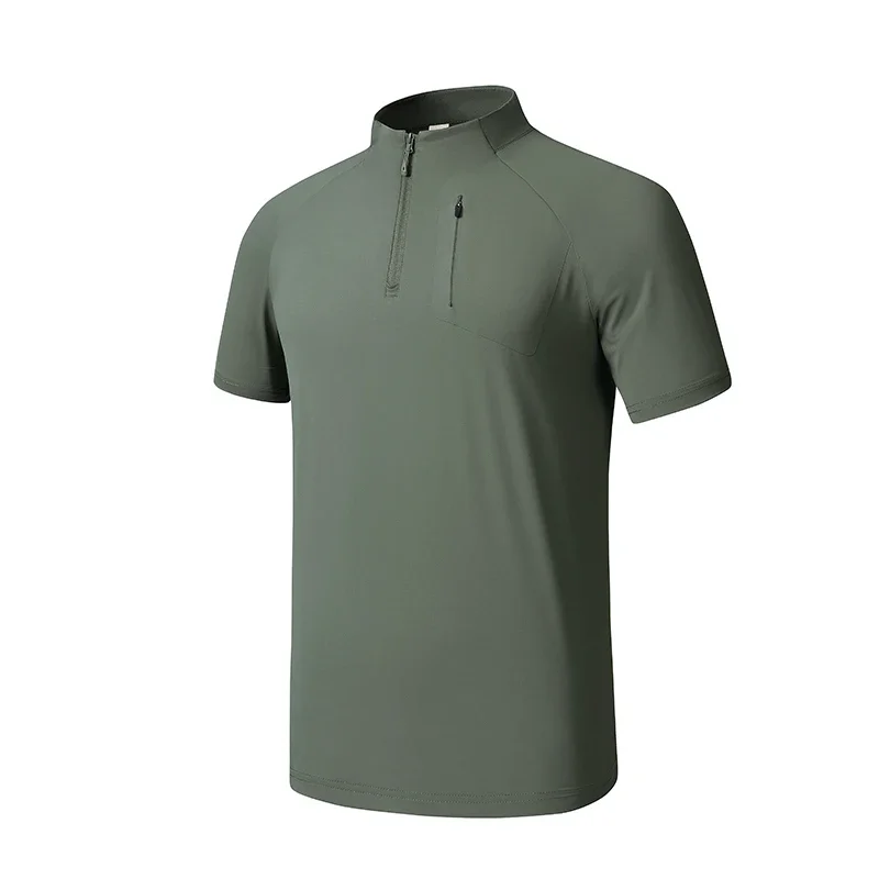 

Quick-drying Gym Polo T-shirts Men Summer Stand Collar Stretch Short Sleeves Outdoor Lightweight Zipper Pockets Sports T-shirts