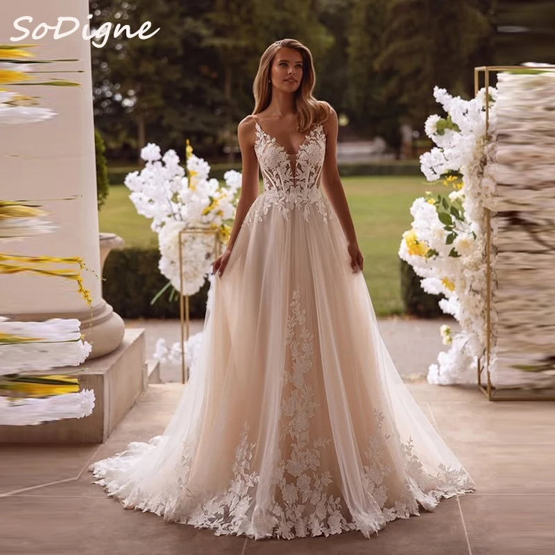 

SoDigne A-Line Tulle Appliques Wedding Dress V-neck Sleeveless Bridal Gown Long Bride Dresses vestidos de novia Customized ﻿