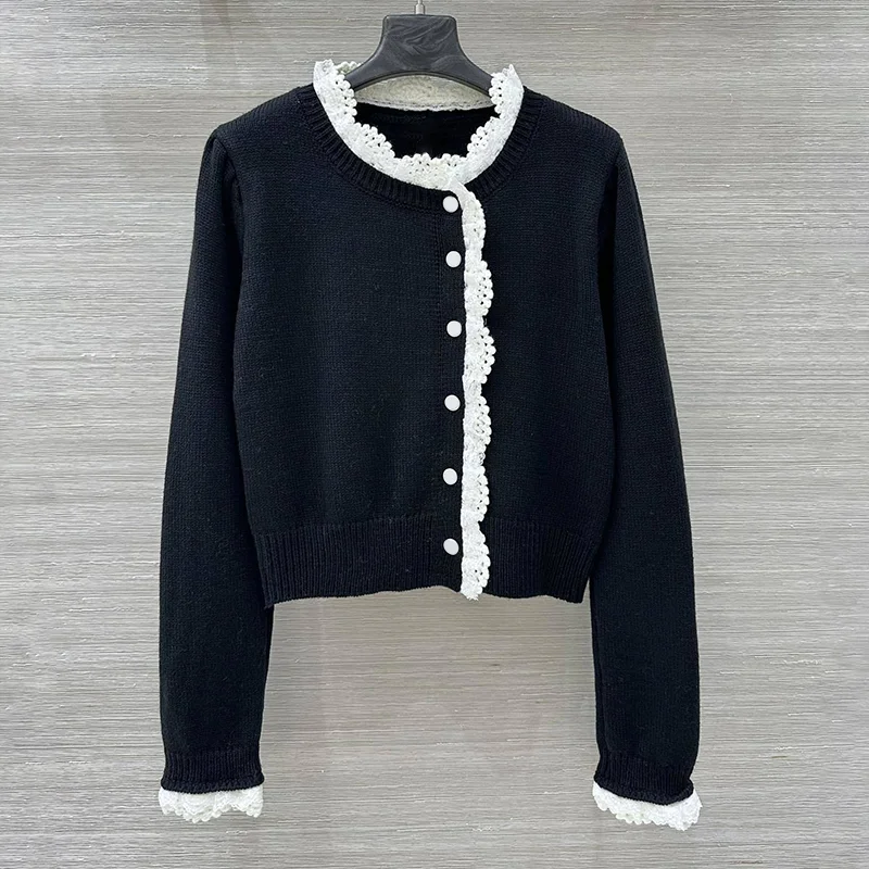 

Высококачественный вязаный женский короткий кардиган на одной пуговице с кружевной отделкой. Роскошный элегантный свитер 251017239.