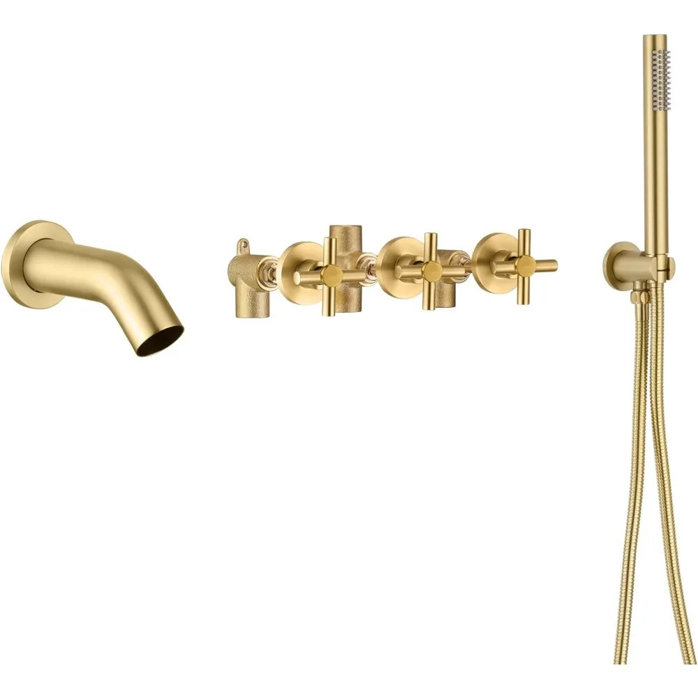 

Wall-Mounted Tub Faucet with Hand Shower, 3-Handle Brushed Gold Shower System