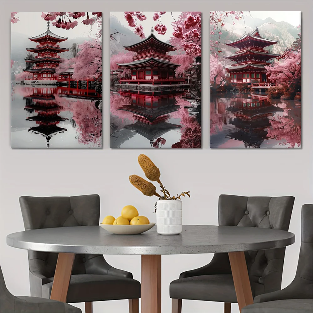 3 Pieces of Japanese Style Antique Red Pagoda Cherry Blossom Decoration Paintings Zen Landscape Canvas Paintings Living Room Ent