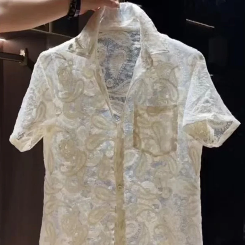 2025 New Hollow Mesh 2pcs Set For Men's Light Luxury Leisure Fashion Blouse Trend Embroidered Shirt Shorts Unisex Two Piece Set - Image 5
