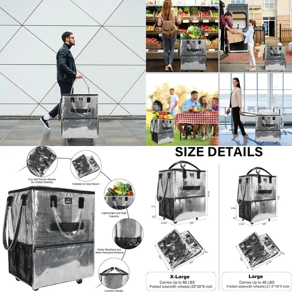 

Сумка-тележка для продуктов с 6 карманами, 3 способами переноски, прочными ручками, застежкой-молнией, идеально подходит для покупок, кемпинга и переездов, серебристая