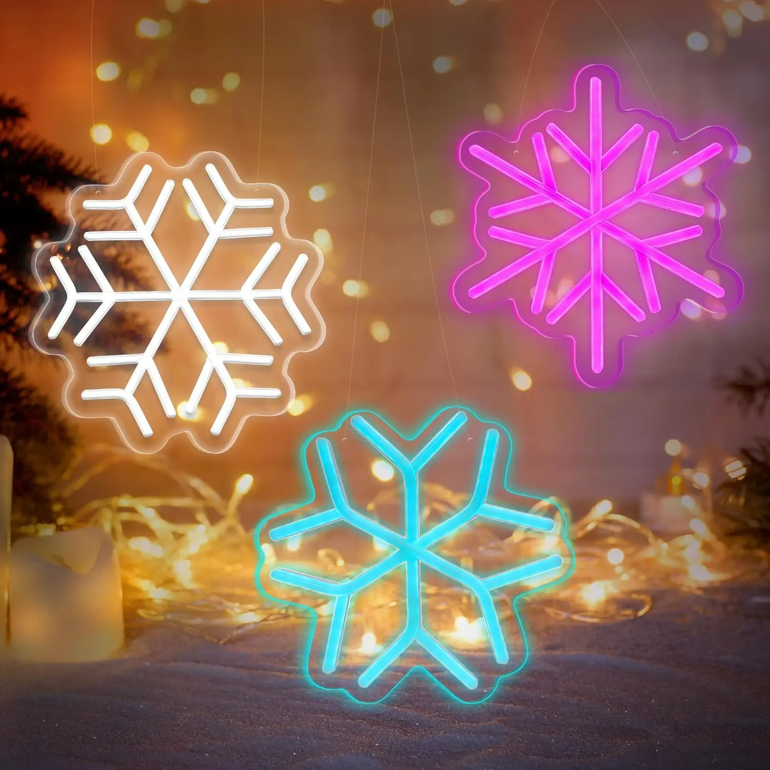 3 Pcs White Pink Blue Snowflake Neon Signs LED Light Winter Window Wall Room Decoration Christmas Party Night Bedroom Gift Kid