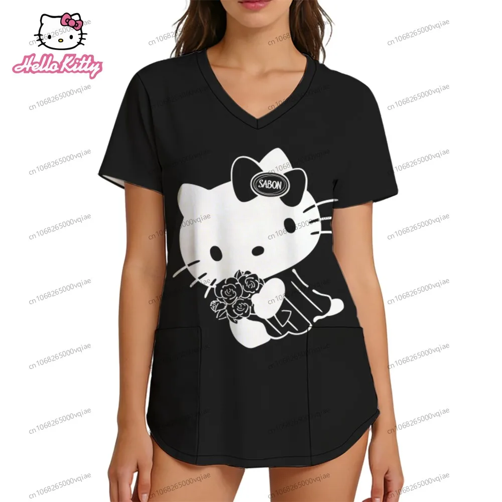 

Hello Kitty Summer Women's T-shirt Kawaii Nurse Uniform V Neck T Shirt S-2XL T-shirts Woman Clothes New 2026 Cute Tops Pocket