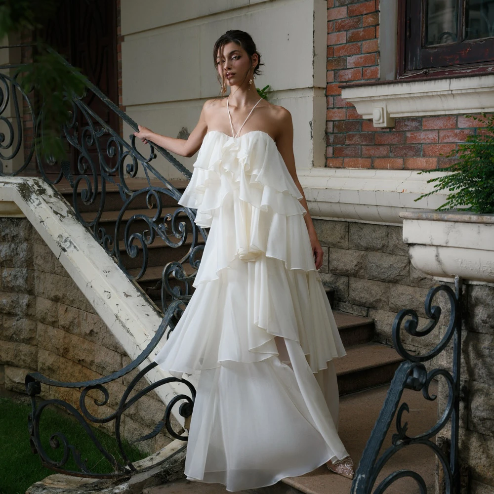 Aangepaste eenvoudige chiffon avondjurk mode halter mouwloze homecoming jurken elegante sweep trein vestido de festa