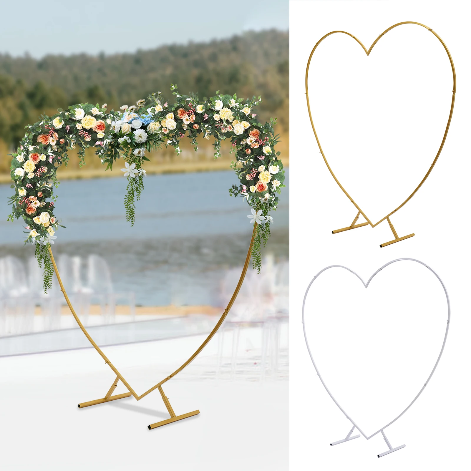 Gold/White Metal HeartArch Kit, Wedding Heart Arch Stand, Love Column Arch Frame for Wedding, Bridal, Valentine's Day