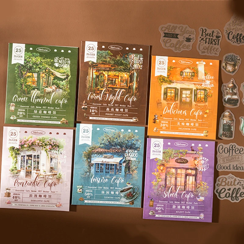 

25pcs/bag Waterproof PET Sticker Pack Encounter Cafe Series Retro Cafe English Text Pattern Creative DIY Laptop Decoration