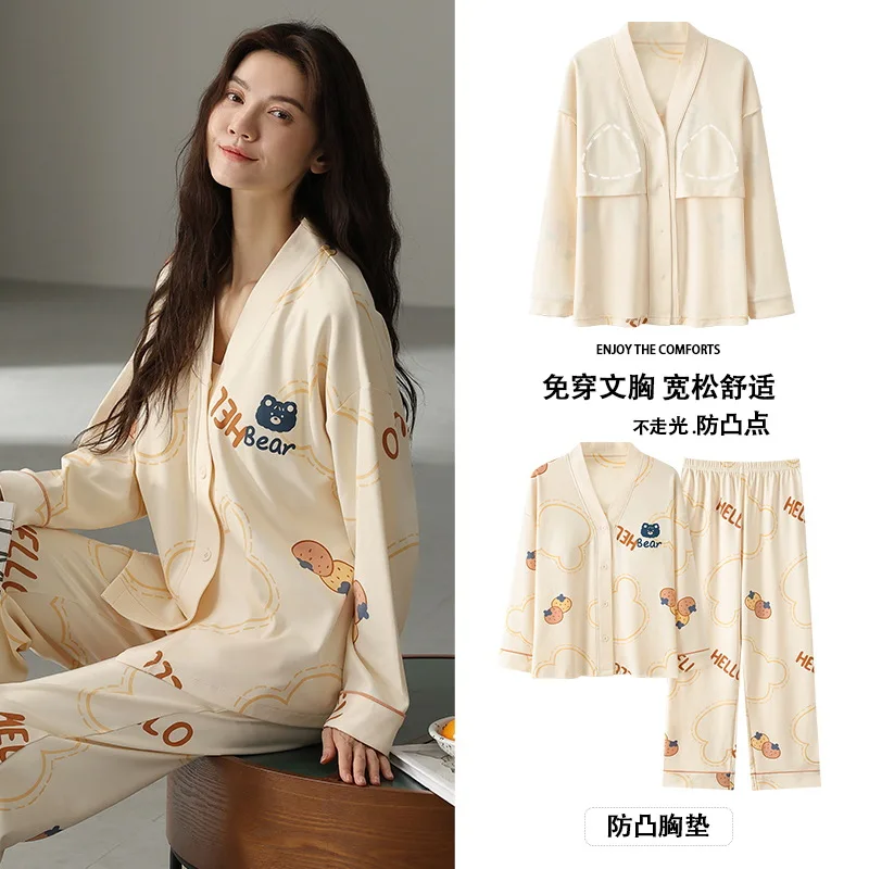 Women's Pajamas Autumn Long sleeve Thin New Cartoon Spring Kimono Sleepwear with Bra Pads Plus size Homewear Set femme