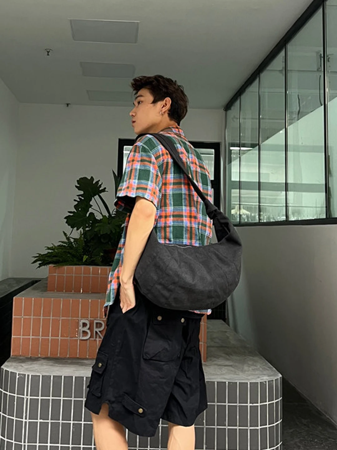Ins Canvas Bag Underarm Handheld Unisex Backpack Casual Style Single Shoulder Crossbody Bag Pure Color Dumpling Shape