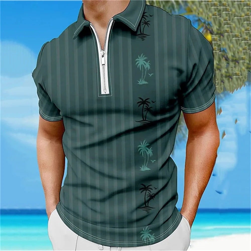 Summer T-shirts Men Men's Zip Polo Wear Turndown Zipper Clothes Tops Short Sleeve Fashion Classic Style Tropical Casual Tops